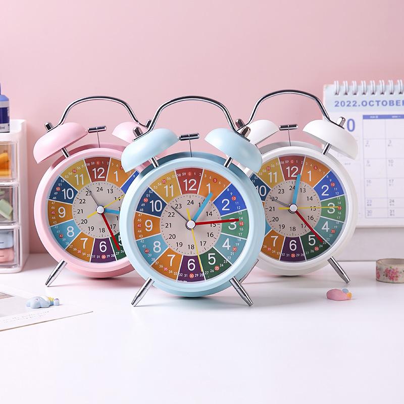 Creative 4.5" Metal Mute  White Round  Early Childhood Education  Desk Alarm Clock WIth Light For kidz Student