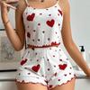 2 ks/sada Ženy Letní pyžamový oblek Nastavitelný popruh Bez rukávů Srdce Potisk Crop Top Shirring Edge Vysoký pas Šortky Ložnice Sada na spaní