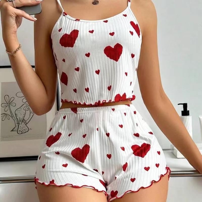 2 Pcs Set Summer Love Print Sweet Pajamas Suit for Women Suspenders Shorts Pure Desire Pajamas for Women
