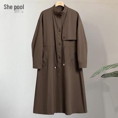 Women's Stand Collar Drawstring Trench Coat