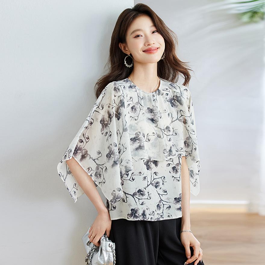 Summer New Round Neck Printed Silk Short-sleeved T-shirt Women's Mulberry Silk Design Loose Top Thin