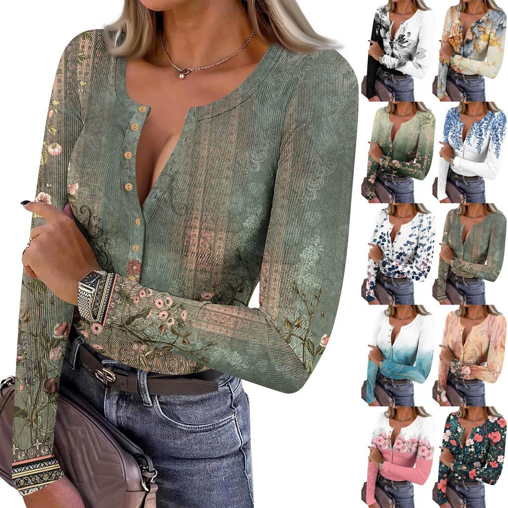 Women's Slim Bottom T-shirt Fashion Casual Gradient Printing Round Neck Pullover Long Sleeve Top