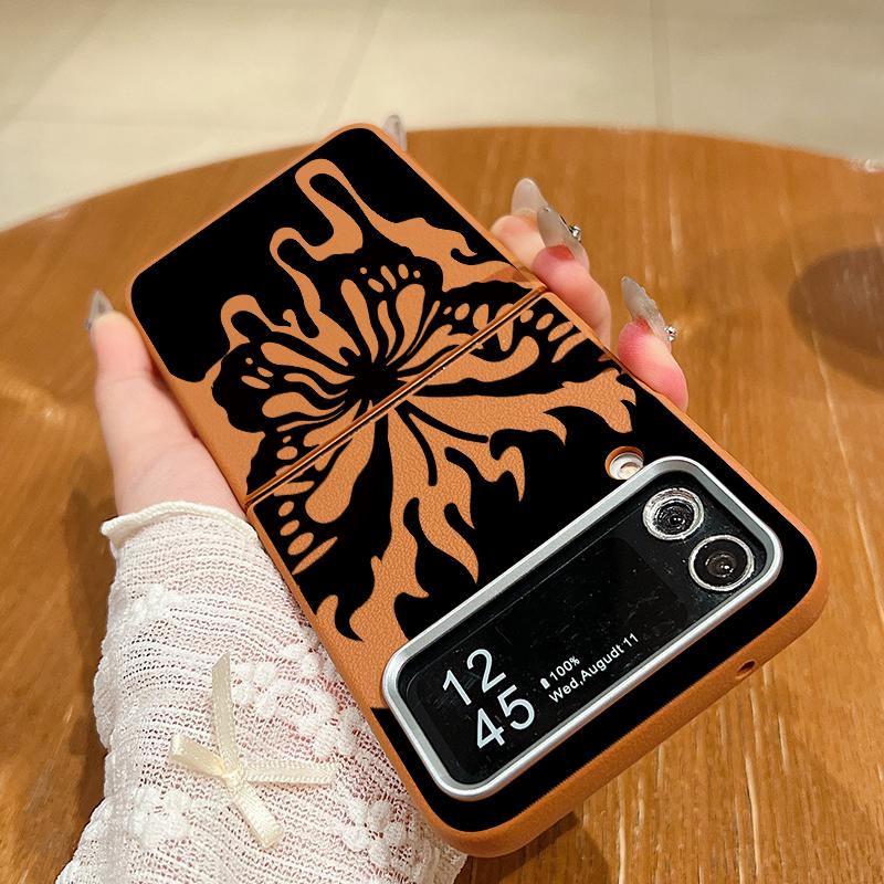 Butterfly Print Leather Texture TPU Magnetic Case For Magsafe For Samsung Galaxy Z Flip 6 5 4 3 Flip4 Flip5 Flip6 Folding Cover