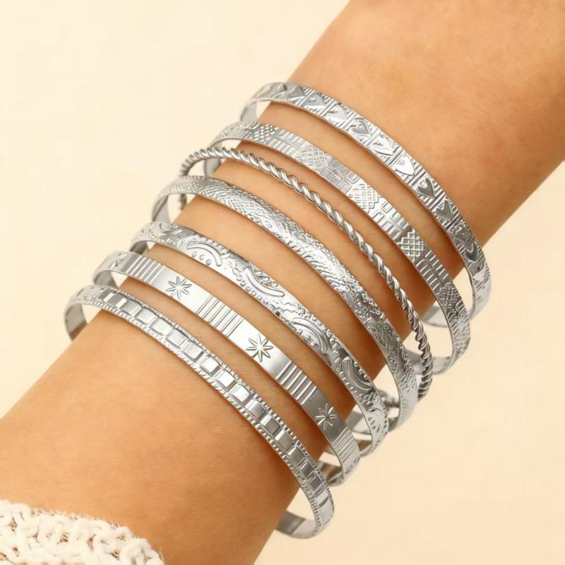 7Pcs Stainless Steel Gold Color Open Bangles For Women Vintage Design Geometric Star Heart Twist Bracelets Party Wedding Jewelry
