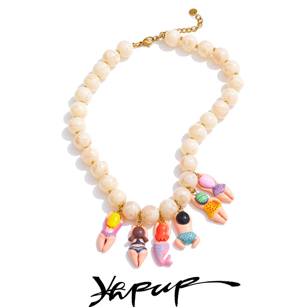Yhpup Stylish Unique Handmade Jewelry Glass Imitation Stone Beads Chain Resin Bikini Doll Drop Creative Necklace Accessories