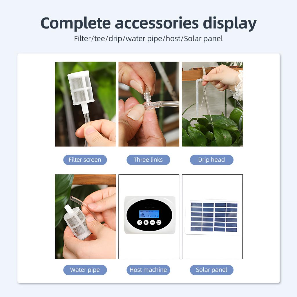 Dispositivo di Irrigazione Automatica Solare 3W Doppia Pompa Irrigatore Temporizzato per 15 Vasi Display LCD USB/Solare