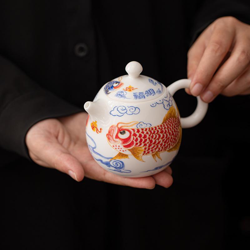 

Нефритовый жир полный цвет аравана керамический чайник лундан чайный набор для чайной церемонии кунг-фу высококлассный для дома и офиса для чаепития чайник