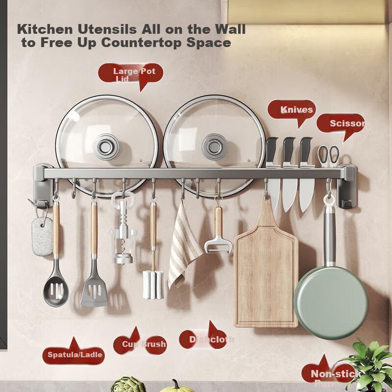 YWEEL No-Drill Kitchen Hooks, Hanging Rods for Spatulas And Utensils, Wall-Mounted Storage Rack, Multifunctional Kitchen Organizer