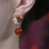 High-End Geometric Pearl & Rhinestone Red Glaze Earrings for Women