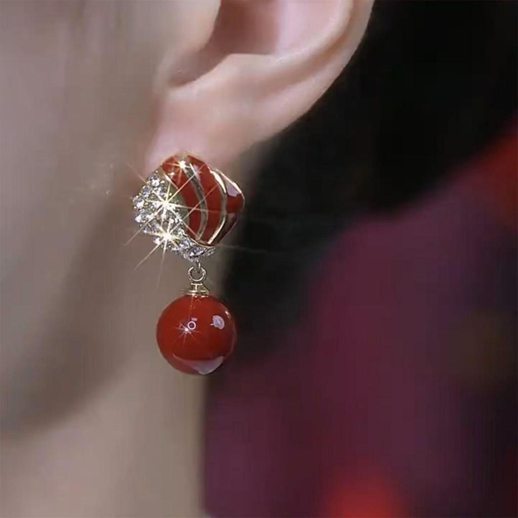 High-End Geometric Pearl & Rhinestone Red Glaze Earrings for Women