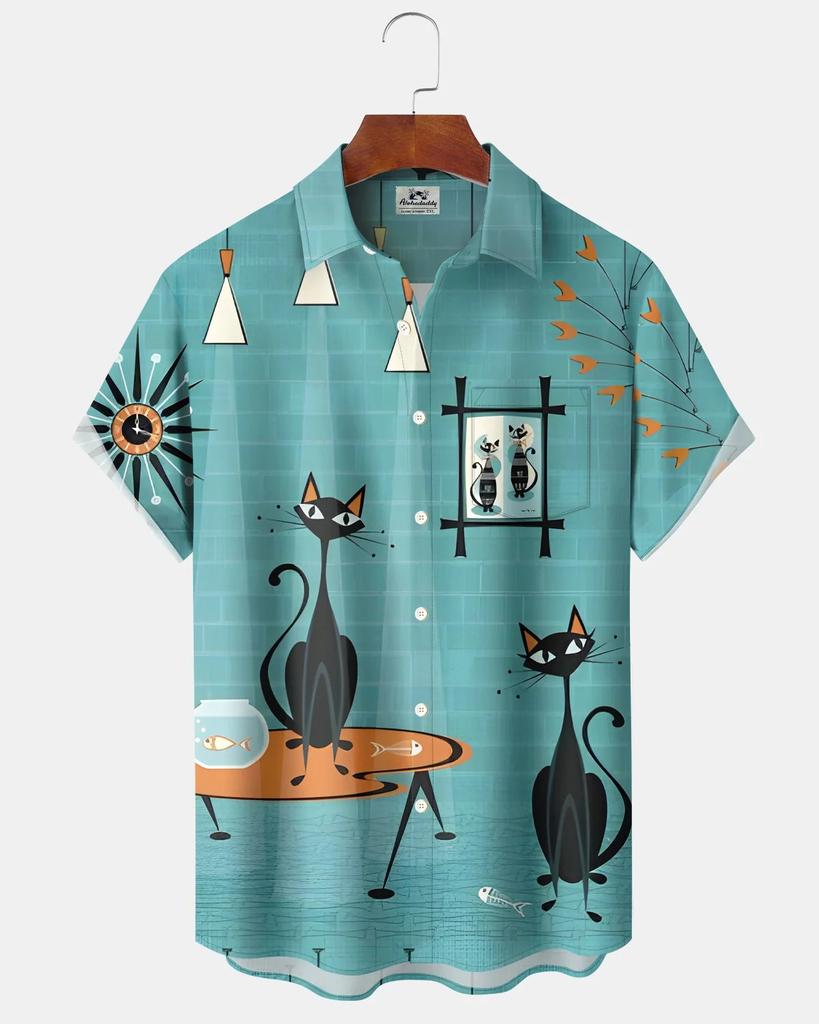 Men's Cute Cat Cartoon Geometric Print Hawaiian Shirt Short Sleeve Casual Beach Vacation Summer Button-Up Top