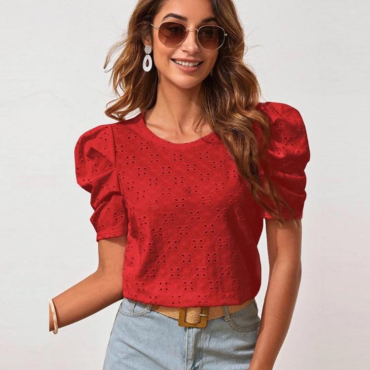 Dame Utkuttet Jacquard Bobleermet T-skjorte Ensfarvet Rund Hals Topp Bluse Vår Sommer Mote