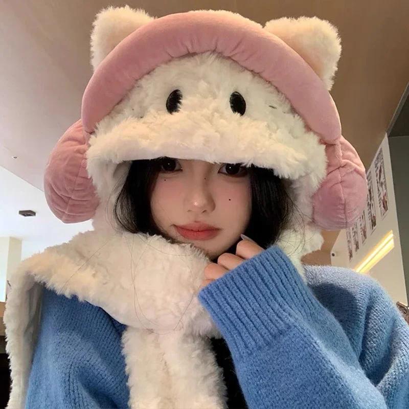 New Korean Sweet Bow Plush Bomber Cap Winter Women Keep Warm Windproof Ear Protection Cute Pom-pom Beanie with Lace