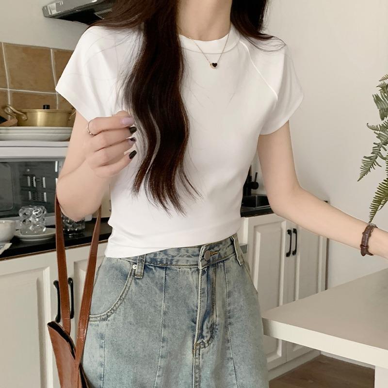 Summer Slim Fit and Thin Beautiful Shirt High Waist Spice Girls Short Tight Top Women's Shoulder Cotton Short-sleeved T-shirt Ins