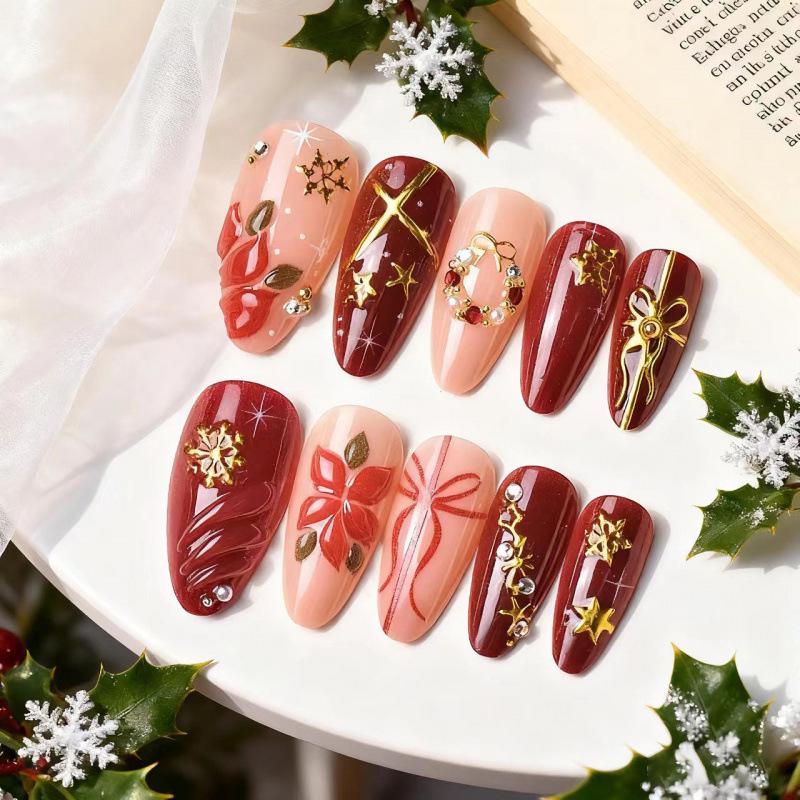 24-Piece Christmas Nail Art: 3D Almond Gold Foil Snowflake Rhinestone Bow Design