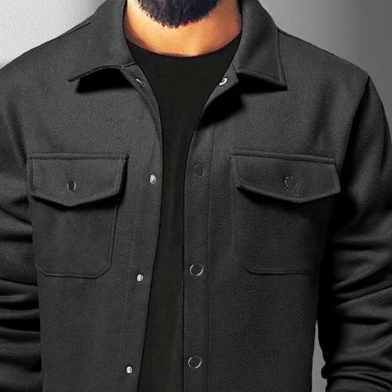 Herren Herbst Winter Einfarbiges Hemd Revers Langarm Pattentaschen Jacke