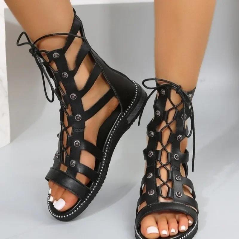Fashion New Hollow Casual Sandalias De Mujer Open Toe Cross Strap Ladies Shoes Wedges Summer Roman Black Sandales Boots Large Size 35-43