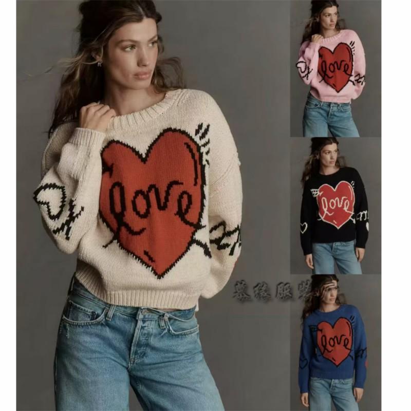 2026 Winter Womens Loose Knit Sweater With Heart Detail Round Neck Long Sleeve Cotton Blend Pullover Casual Office Wear