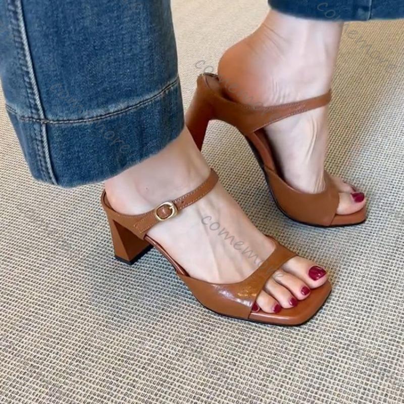 Fashion Comemore Women Summer Square Head Slippers Fashion Open Toe Chunky Heel Sandals Ladies Elegant Banquet Party Dress High Heels