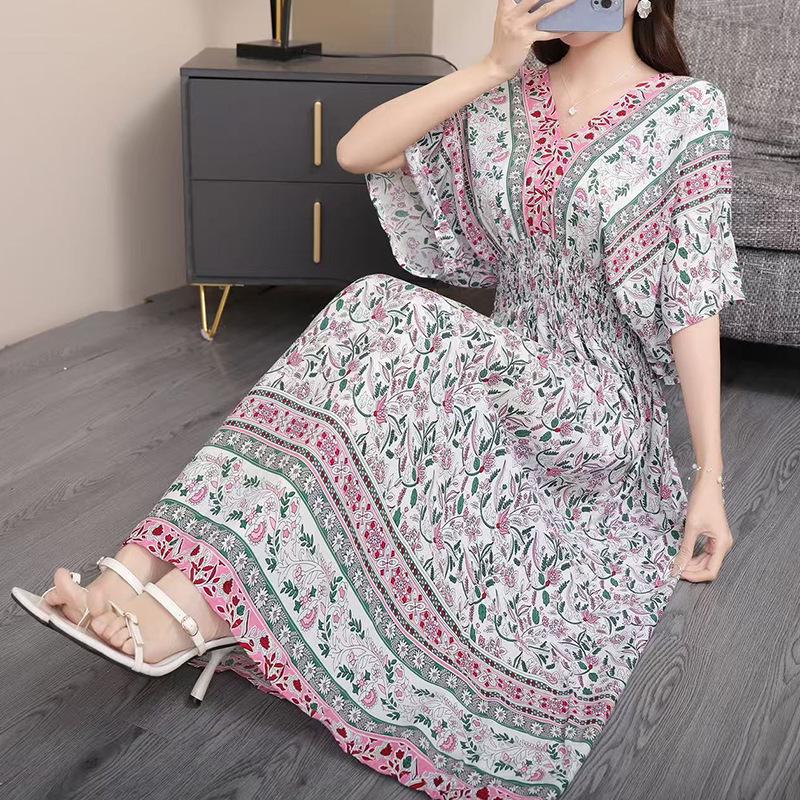 25th Anniversary Ethnic V-Neck Rayon Short Sleeve French-Thai Print Holiday Dress for Women