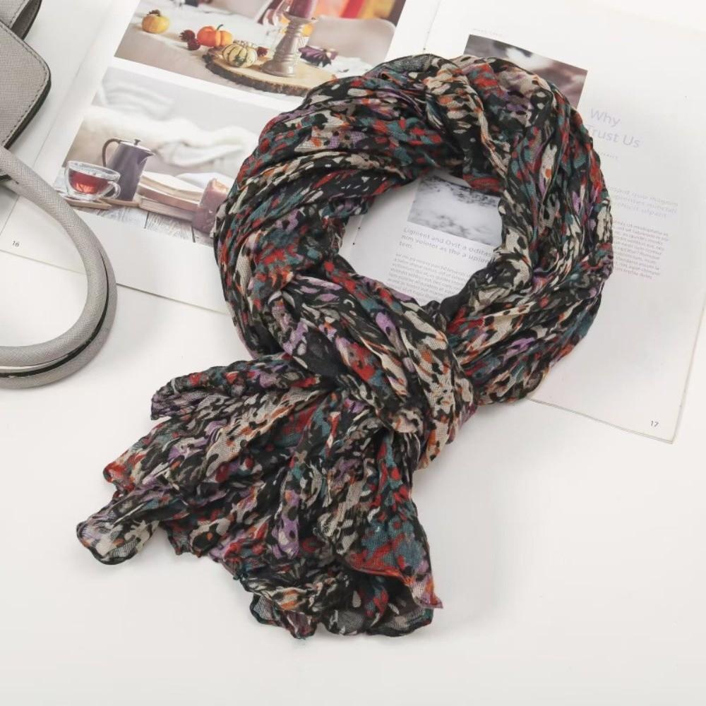 Floral Cotton Linen Scarf Vintage Long Shawl Wrap Fashion Pleated Printed Scarf  For Autumn Winter