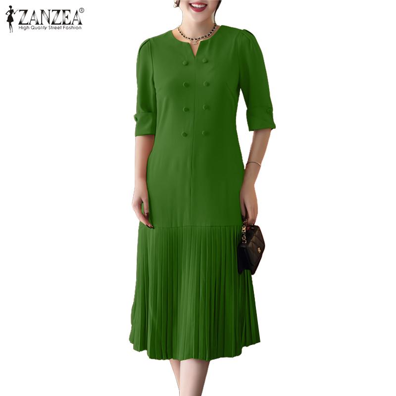 ZANZEA Women Casual Round Neck Solid Color Half Sleeve Dress