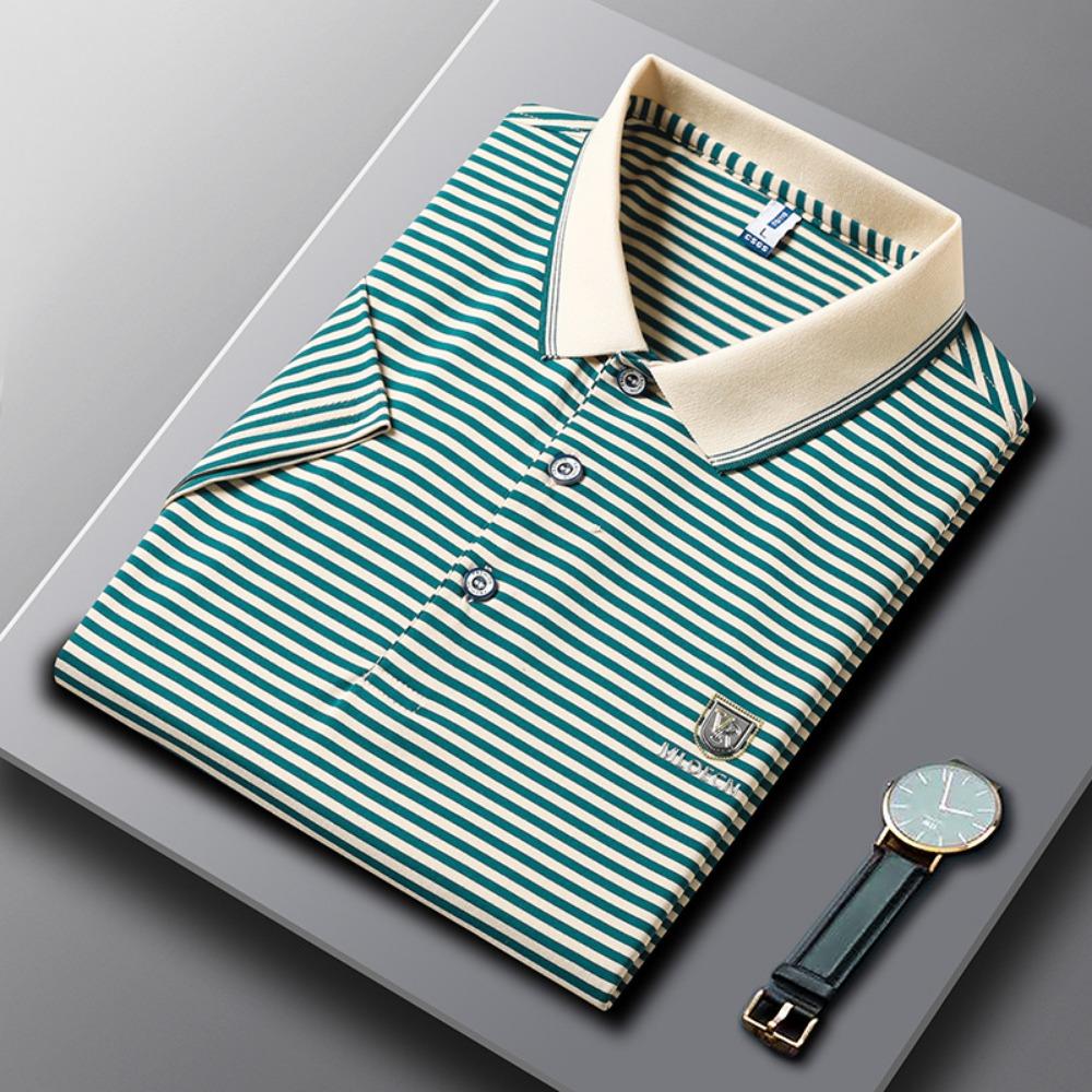 Men's Casual Polo Shirt Striped Business Polo Shirt Summer Short Sleeve T Shirt