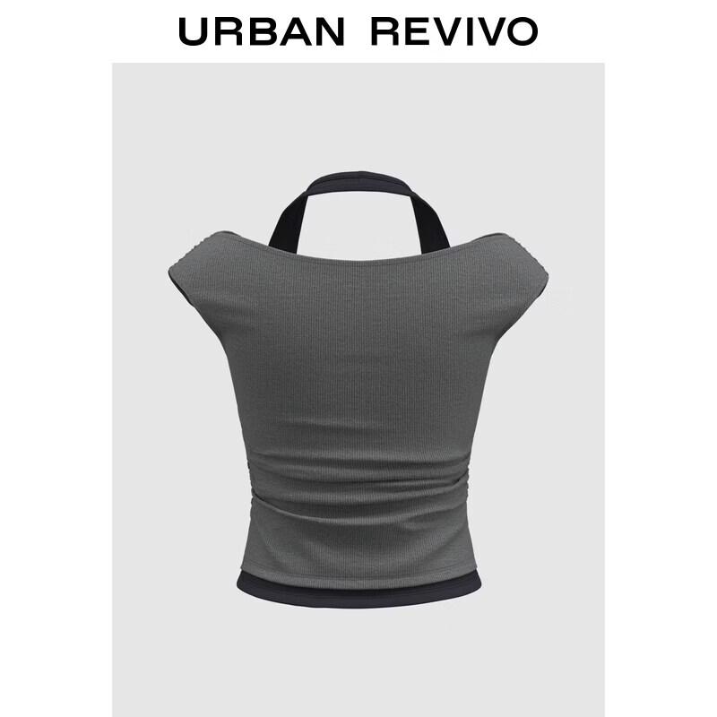 UR2026 Women s Color-Block Faux Two-Piece Halter Pleated T-Shirt M