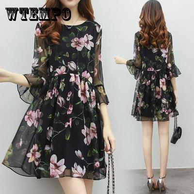 S-XXXXXL Chiffon Dress Loose Large Size Round Neck Flared Short Sleeve Summer Middle-aged Women's Dress