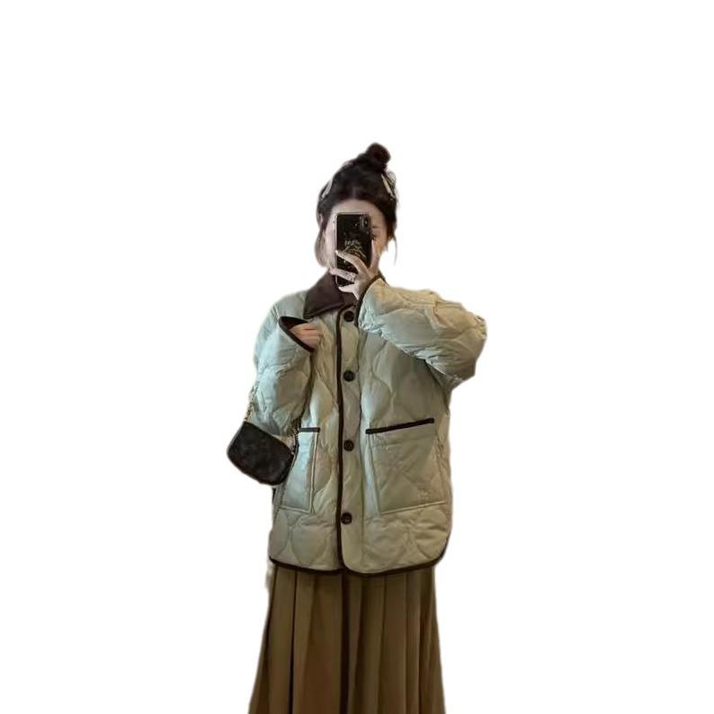 2024 New Cotton Clothes Women's Short Contrasting Color Trendy Design Lapel Contrasting Color Diamond Winter Coat Light and Thin