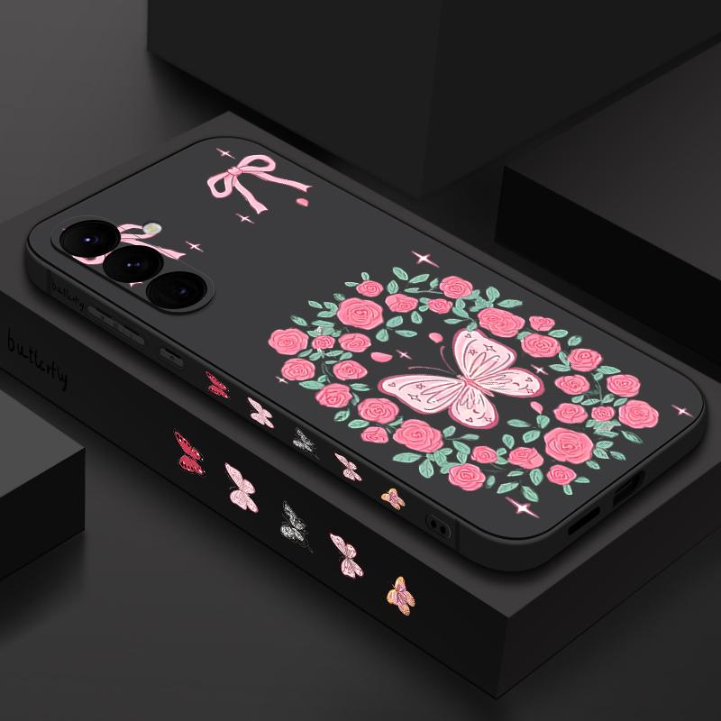 Vintage Flower Butterfly Case For Samsung Galaxy A56 A17 A26 A16 A36 A55 A54 A53 A15 S24 S25 FE S25 S22 S23 Ultra Plus Lanyard Soft Cover