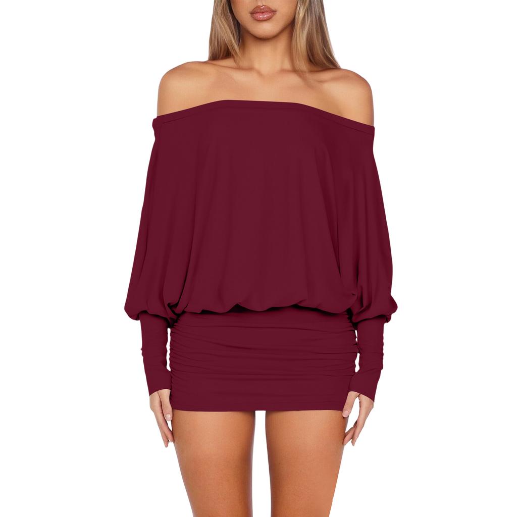 Mini Abito da Donna Scollo a Barca Manica Lunga Casual Vestibilità Larga Pullover Elasticizzato Bodycon