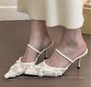 Ladies Flower Mesh Open Heel Sandals Shoes Sexy Designer High Heel Pointed Toe Stiletto Pumps Mules Women Sandals