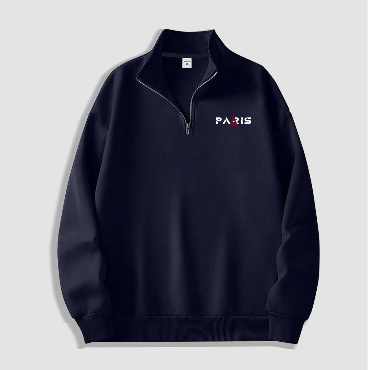 

Everyday Versatile Paris Eiffel Tower Half-Zip Sweatshirt: Simple, Casual, Loose-Fit, Stand-Up Collar Pullover XXL темно-синього кольору