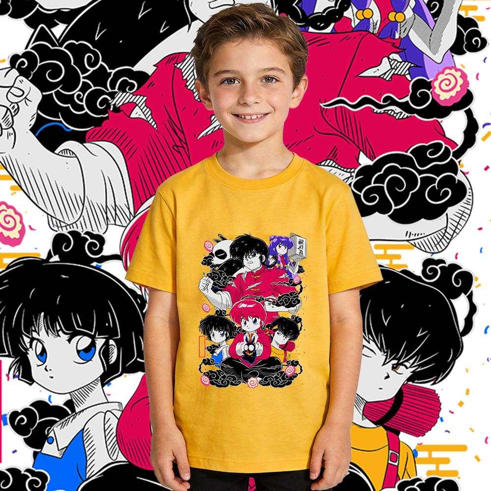 Boys Girls Short Sleeve T Shirt Ranma Characters Anime Print Cotton Top Kids Casual Wear Breathable Soft Summer