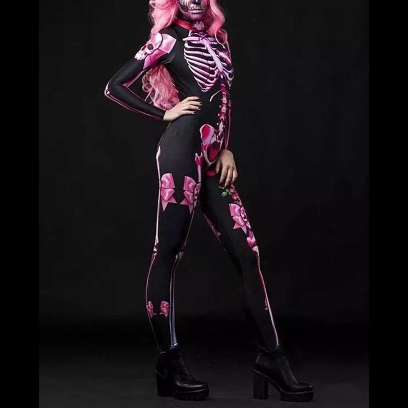 Women Halloween Party Costume Turtleneck Skull Print Long Sleeve Jumpsuit Outfit Scary Skeleton Bodysuit for Adults