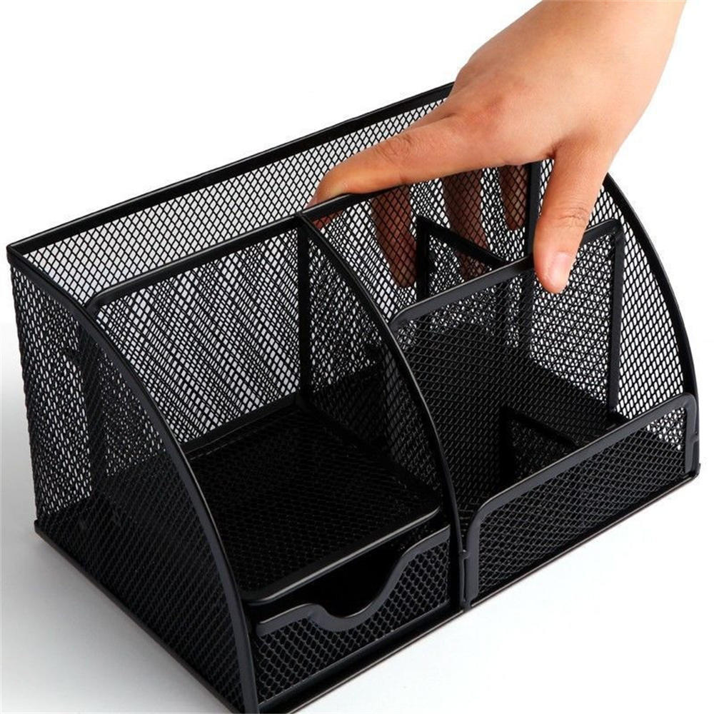 Office Desktop Storage Box Pen Holder Metal Mesh Square Divided Container Spacious Stationery Organizer School Supplies