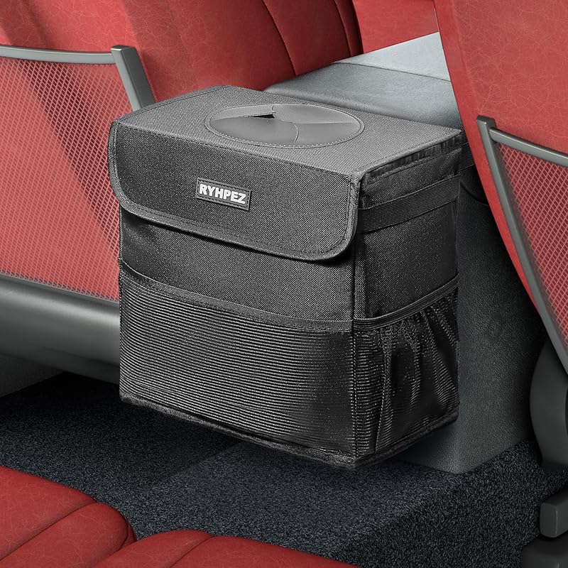 Ryhpez Car Trash Can With Lid - Leakproof Trash Bin Car Garbage Can, Collapsible Automotive Truck Organizer And Storage Bag Car Accessories For Women