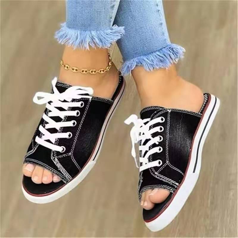 2026 Fashi Women Canvas Sandals Breathable  Slippers Lace Up Open Toe Ladies Faux Denim Flat Shoes Zapatos Mujer