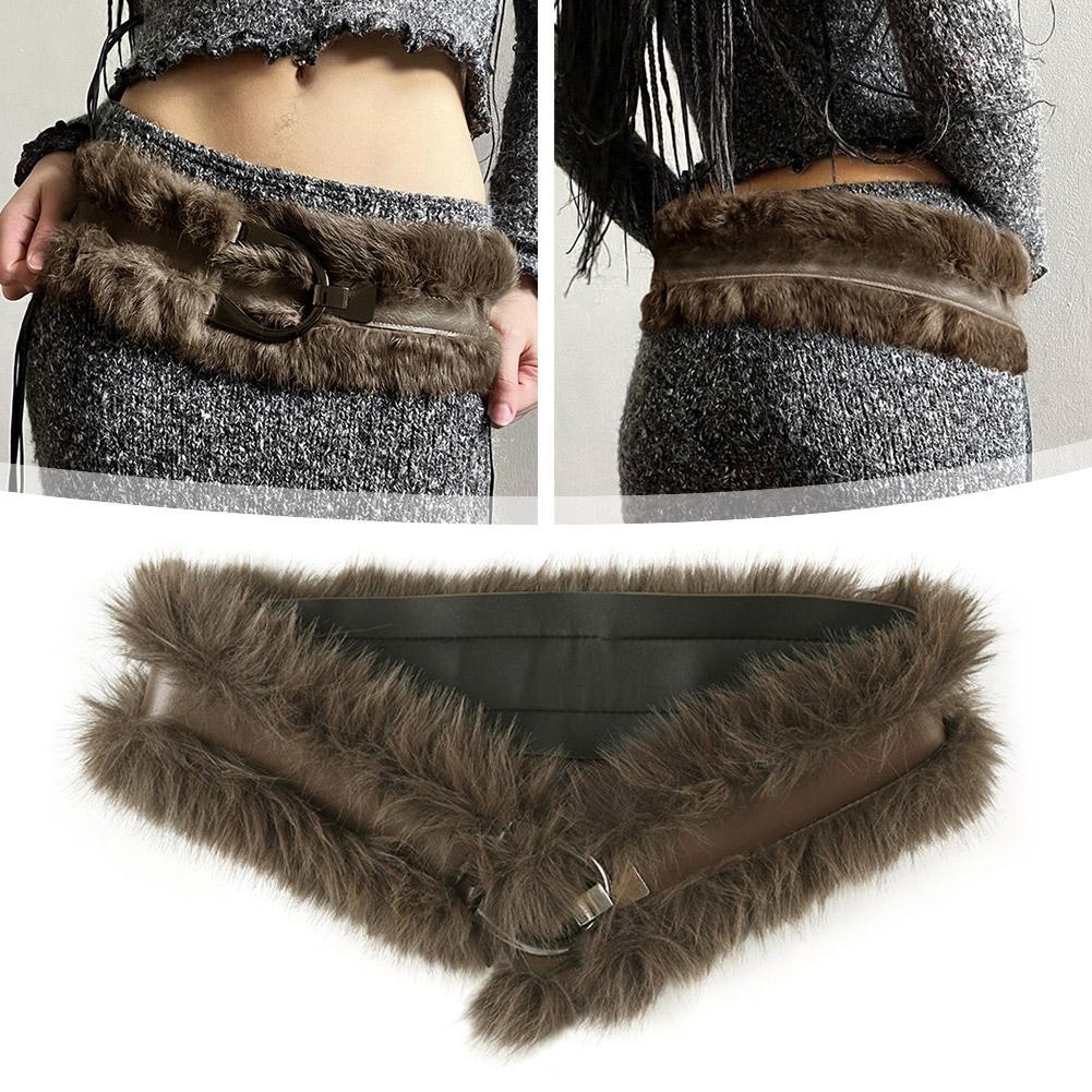 Vintage Furry Design Leather Patchwork Belt Niche Style Waistband Corset P4H7
