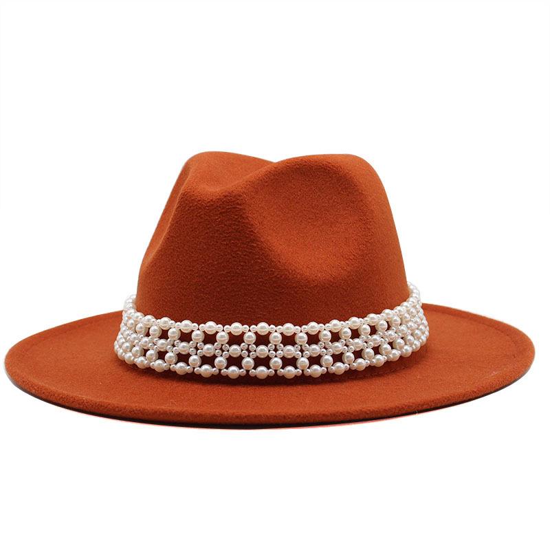 High-Grade Pearl Woolen Top Hat, Flat-Brimmed Big Eave Hat, Versatile Straight-Brimmed Jazz Hat