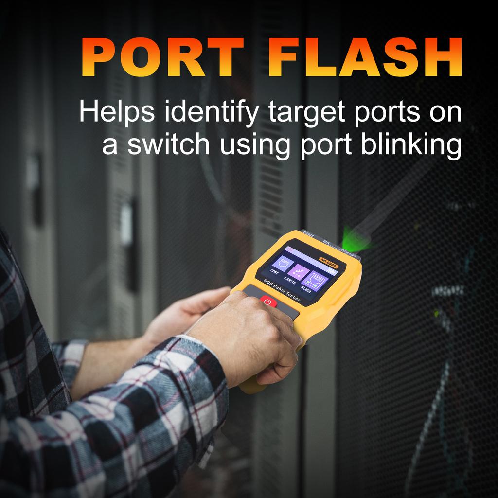 PoE Cable Tester, 2.4  Screen Ethernet Cable Tester with Port Flash, Cable Length Measurement, Continuity Test, Power