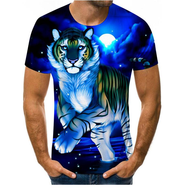 Summer New Style 3D Digital Print round Neck Short Sleeve T-Shirt Lion Tiger Pattern Men's Casual Top Quality Polyester V-Neck