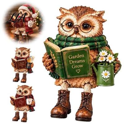 Farmhouse Style Resin Owl Sculpture Book Lover Shelf Sitter Figurine, Reading Statue Charming Nook Desktop Decor with Glasses Book, Whimsical Woodland