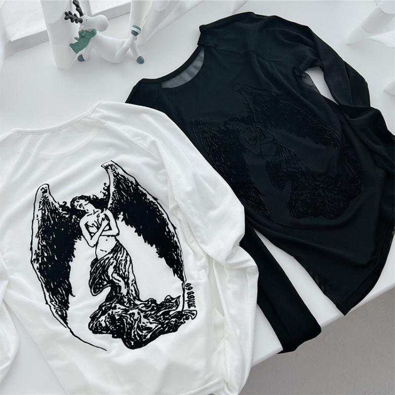Gothic Y2k Vintage O-Neck Slim T-Shirts Women Chic Mesh Cyber See Through Crop Tops Female Korean Fashion Casual Clothing New