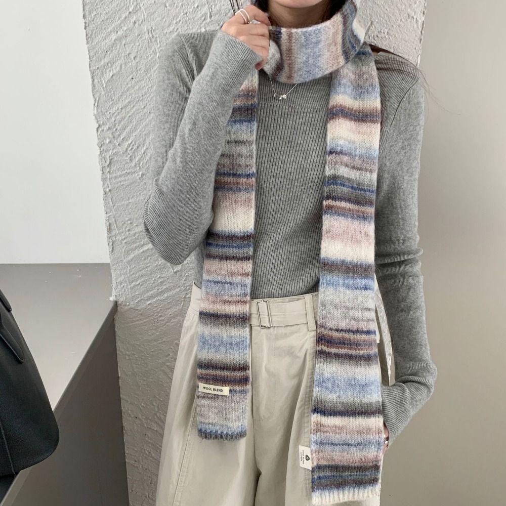 Korean Style Cashmere Knitted Scarf Plush Winter Shawl Fashion Rainbow Striped Scarf  Student