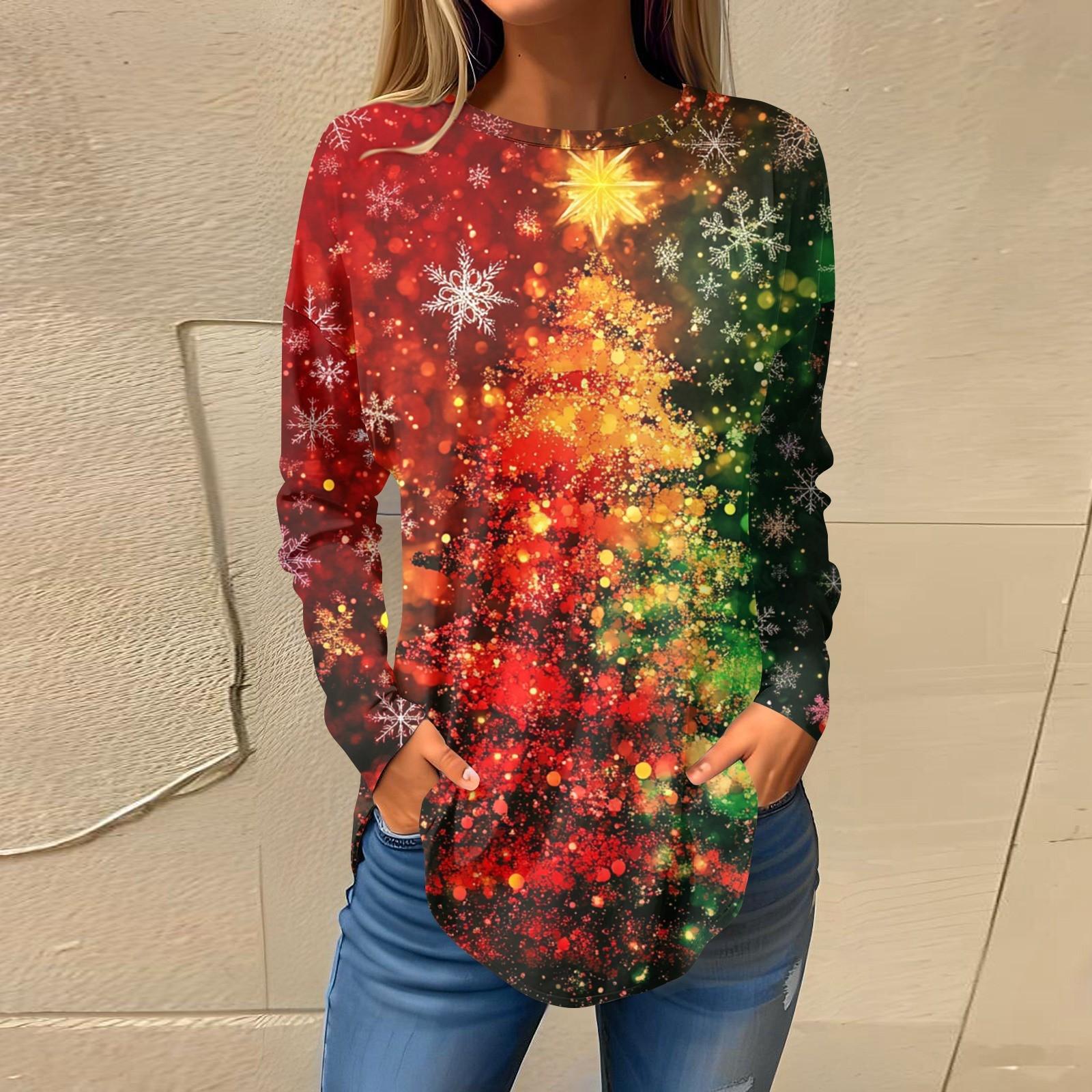 

Футболки для женщин, осенние повседневные рубашки с длинным рукавом, толстовки с винтажным графическим принтом, топы, пуловеры, рождественские XL киноварь