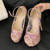 Fashion Liyke Fashion Design Pink Flowers PVC Transparent Women Platform Pumps Sexy Peep Toe 16CM Super High Heels Wedding Banquet Shoes