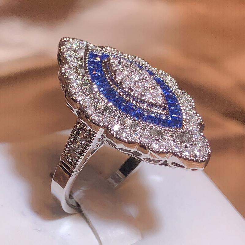 2022 Mode Luxus Blauer Topas Verlobungsring Damen 925 Stempel Voller Diamant Blauer Zirkon Ring Party Geschenk