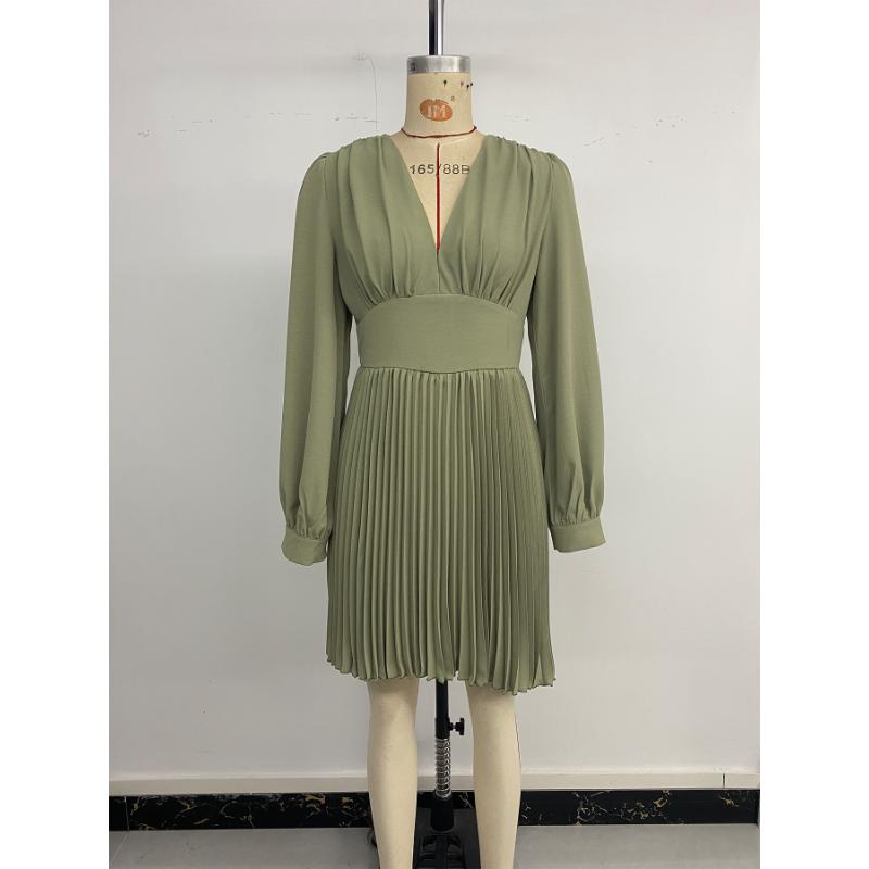 New Autumn Retro Style V-neck Long Sleeve Solid Color Pleated Temperament Women's Dress